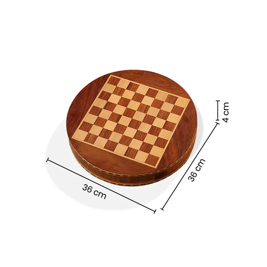 Wooden round chess board with dimensions on a white background