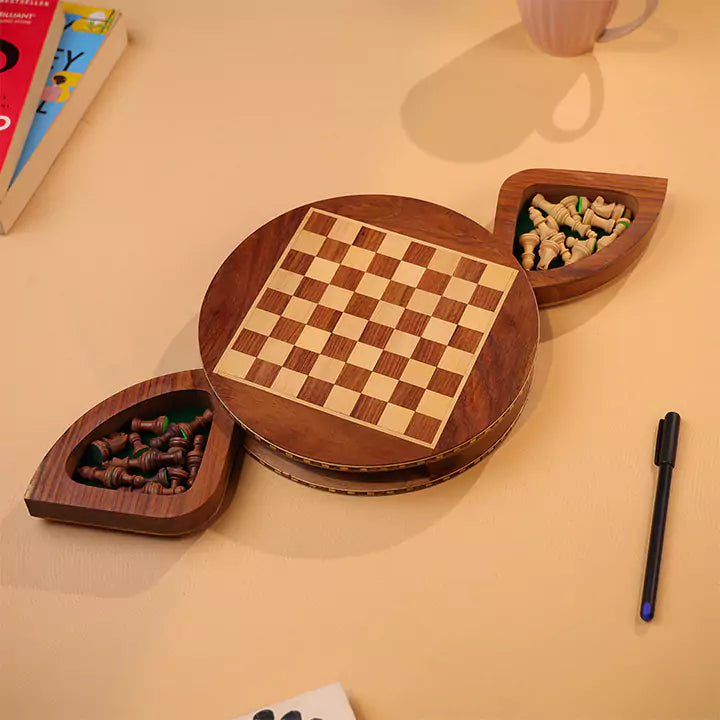 Wooden checkers board with pieces on a beige surface