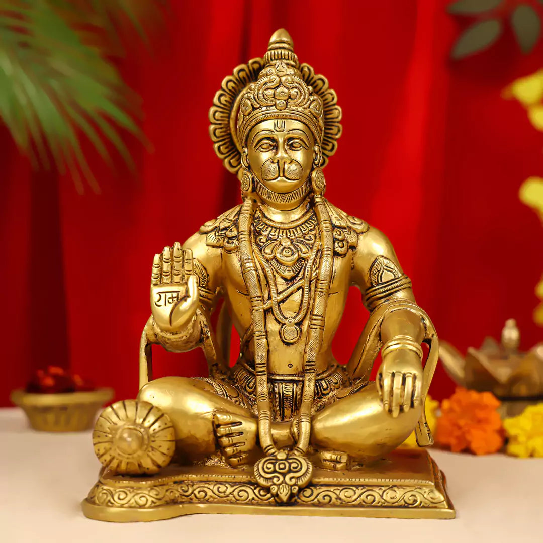 10" Brass Blessing Lord Hanuman Idol Seated Cross Legged