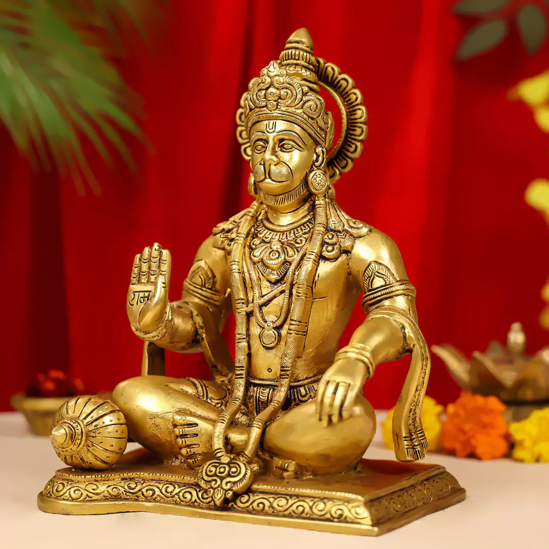 10" Brass Blessing Lord Hanuman Idol Seated Cross Legged 1