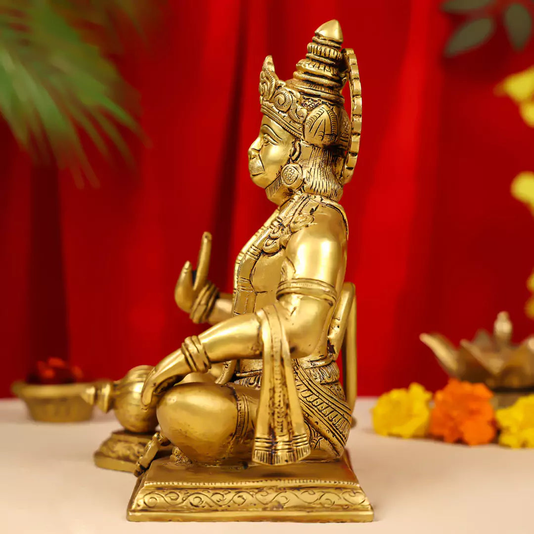 10" Brass Blessing Lord Hanuman Idol Seated Cross Legged 2