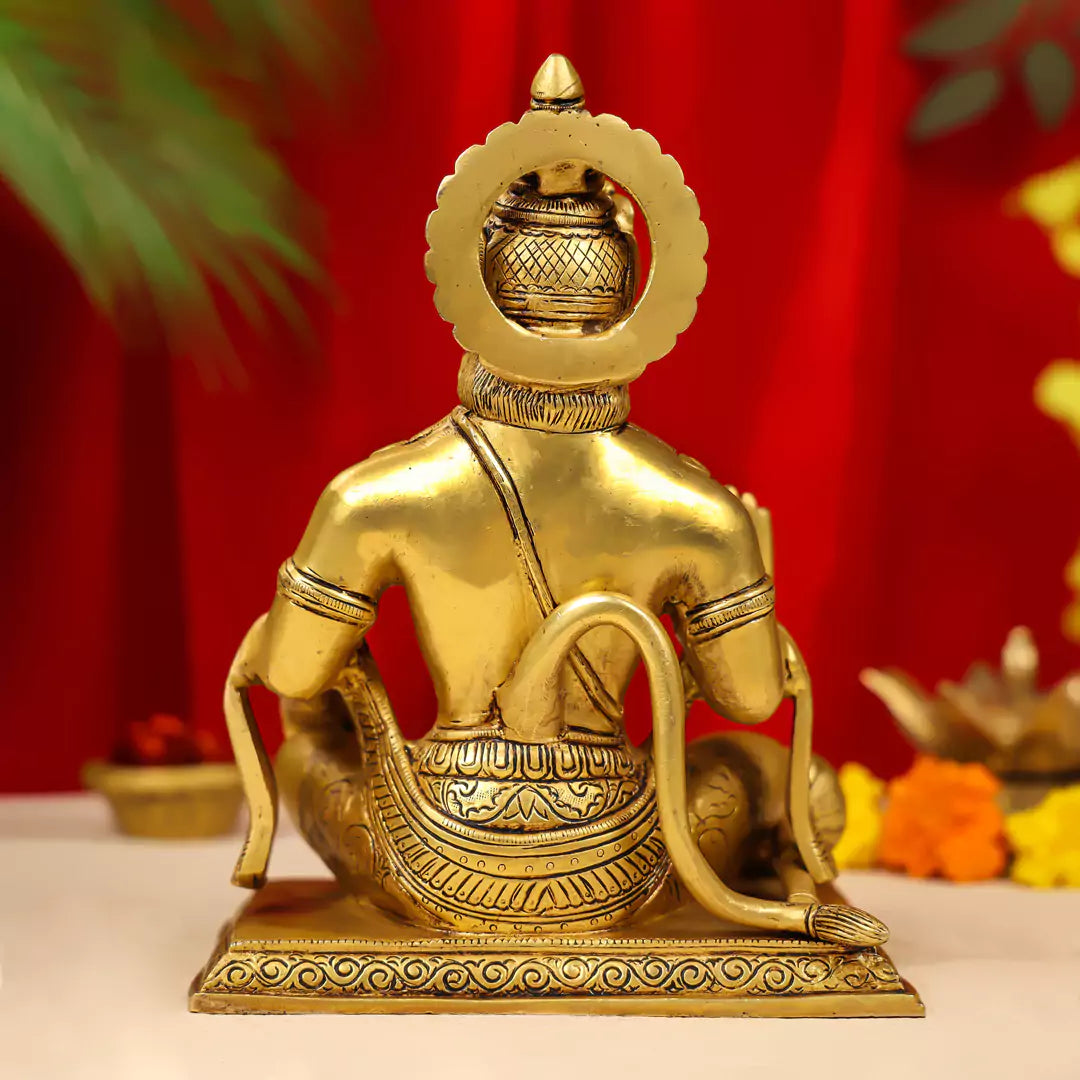 10" Brass Blessing Lord Hanuman Idol Seated Cross Legged 3