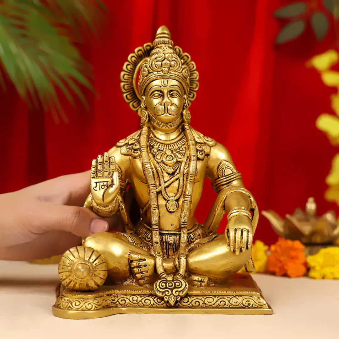 10" Brass Blessing Lord Hanuman Idol Seated Cross Legged 4