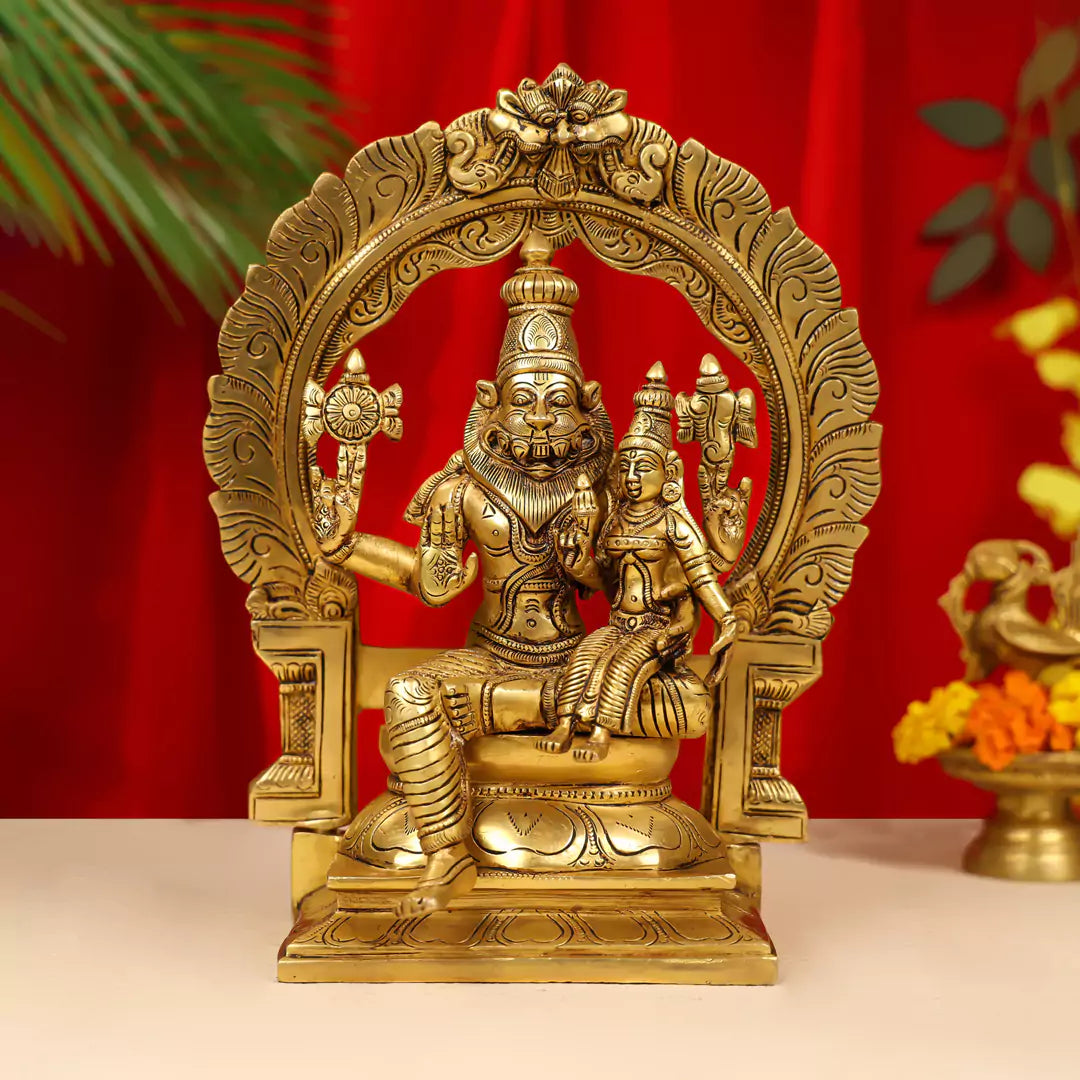 11.5" Brass Lord Narasimha with Goddess Lakshmi Idol