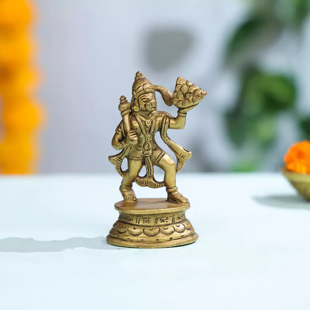 4" Brass Superfine Lord Hanuman Idol Carrying Sanjeevani On Oval Base