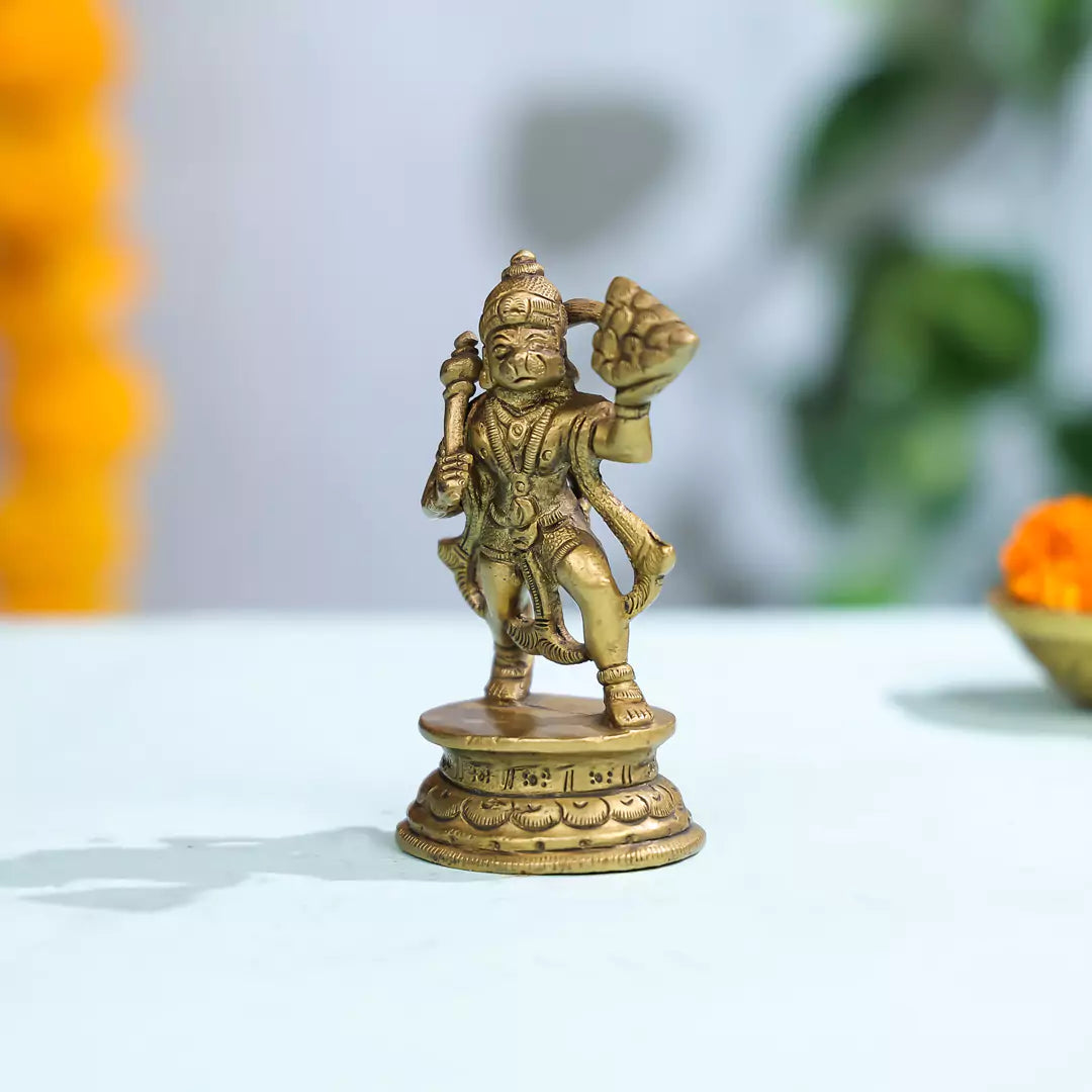 4" Brass Superfine Lord Hanuman Idol Carrying Sanjeevani On Oval Base