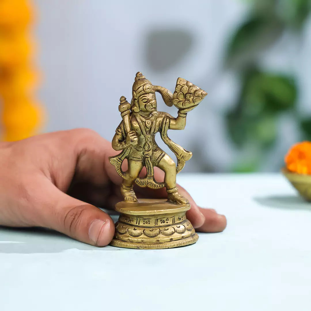 4" Brass Superfine Lord Hanuman Idol Carrying Sanjeevani On Oval Base
