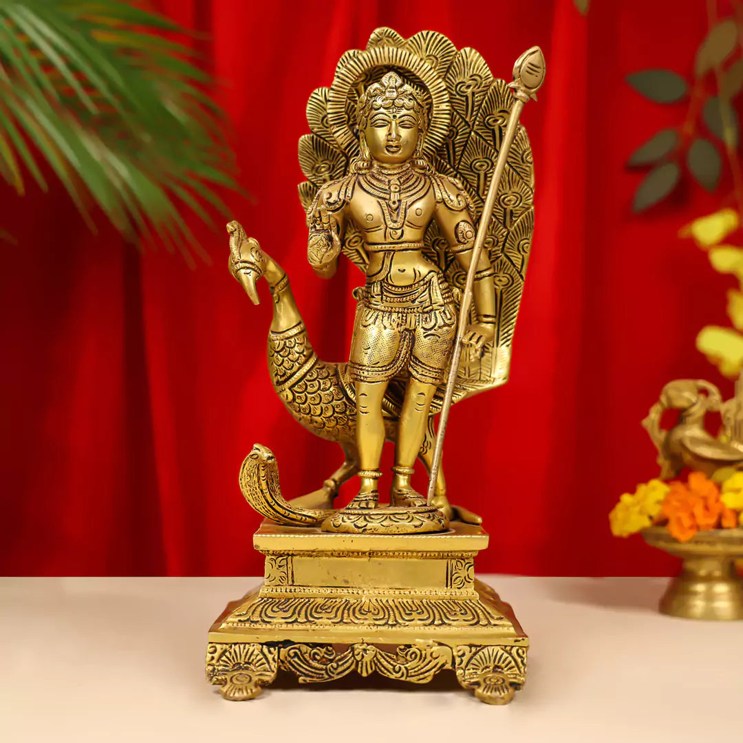 12" Brass Lord Murugan Idol (Karttikeya) Standing on Pedestal with Peacock