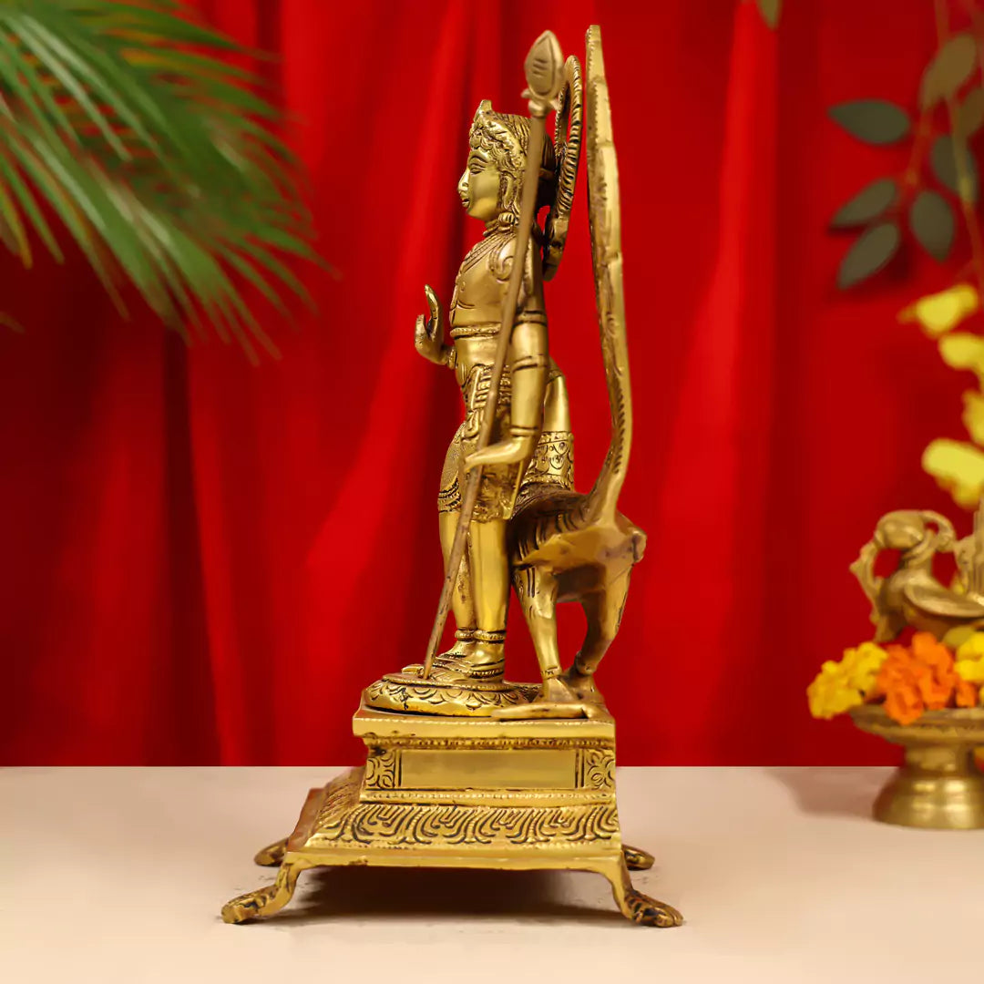 12" Brass Lord Murugan Idol (Karttikeya) Standing on Pedestal with Peacock 2