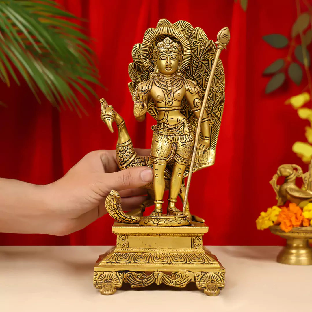 12" Brass Lord Murugan Idol (Karttikeya) Standing on Pedestal with Peacock 4