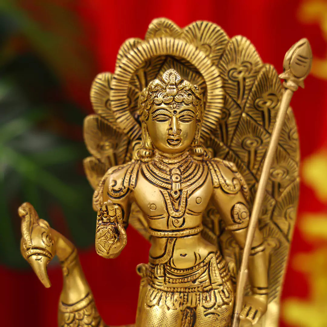 12" Brass Lord Murugan Idol (Karttikeya) Standing on Pedestal with Peacock 5