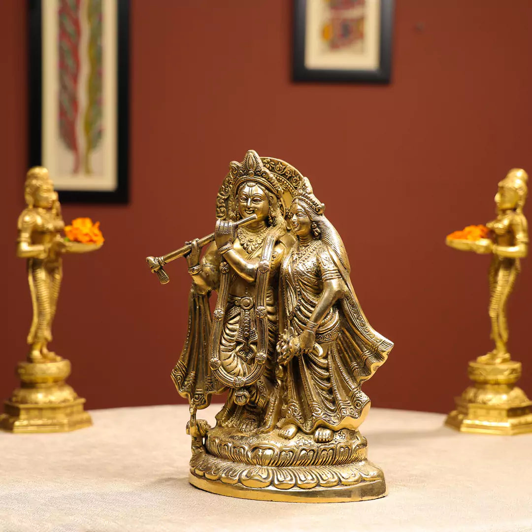 13" Brass Radha Krishna Idol with Peacock on Lotus Base 1