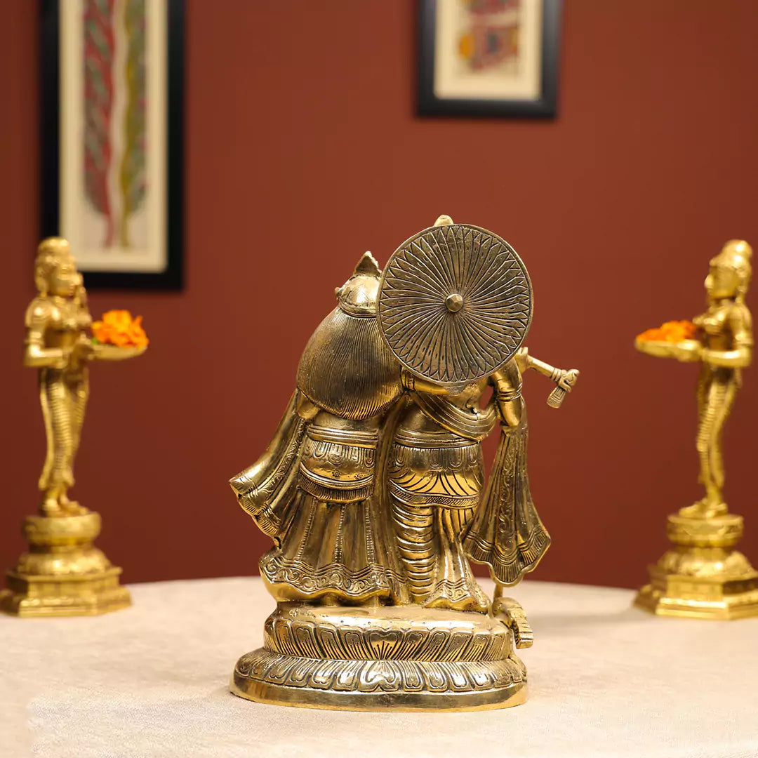 13" Brass Radha Krishna Idol with Peacock on Lotus Base 2