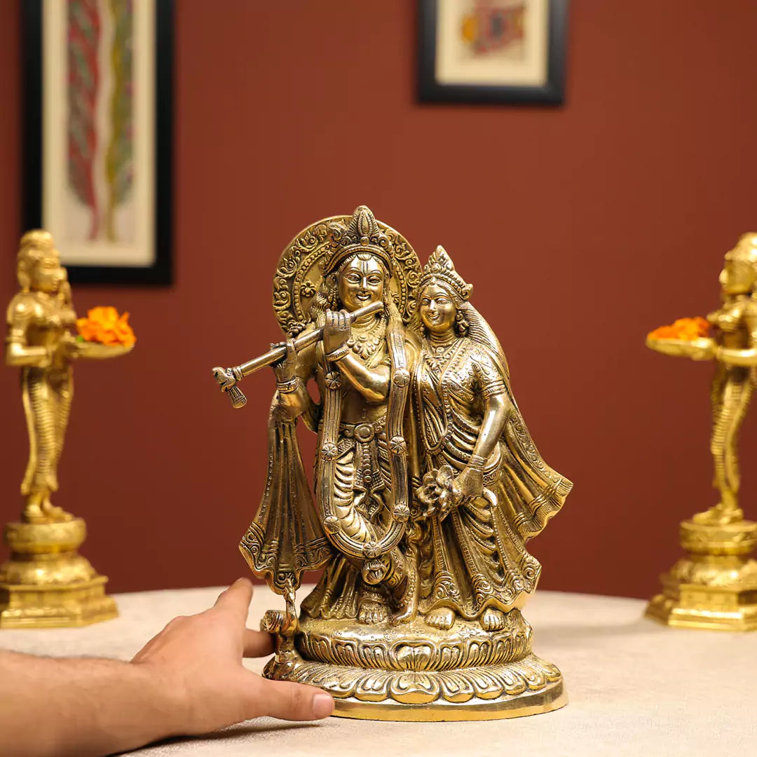 13" Brass Radha Krishna Idol with Peacock on Lotus Base 3
