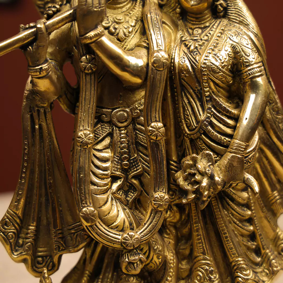 13" Brass Radha Krishna Idol with Peacock on Lotus Base 4