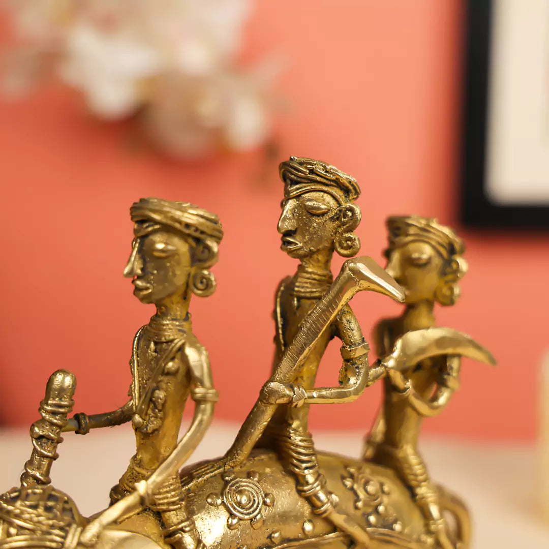 8" Brass Cafted Dhokra Elephant Carrying 3 Persons Table Decor
