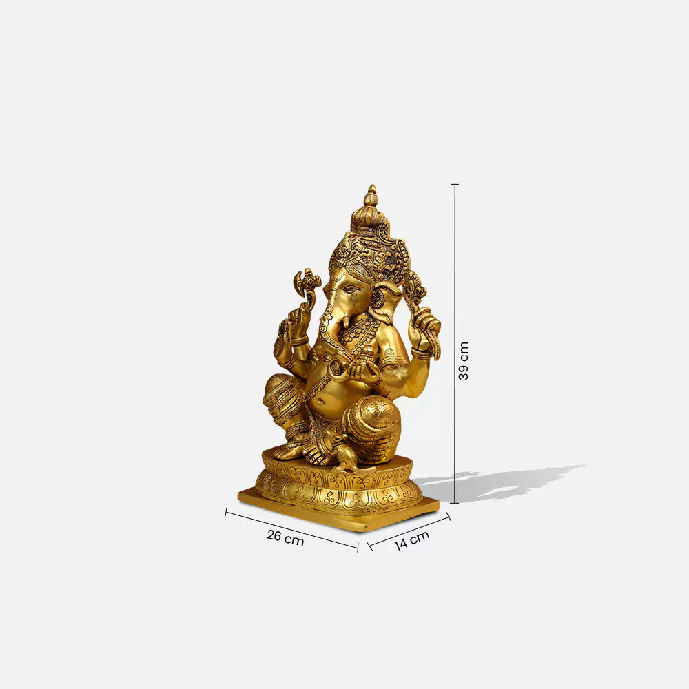 15" Brass Lord Ganesha Idol Seated On Designer Oval Base - Large