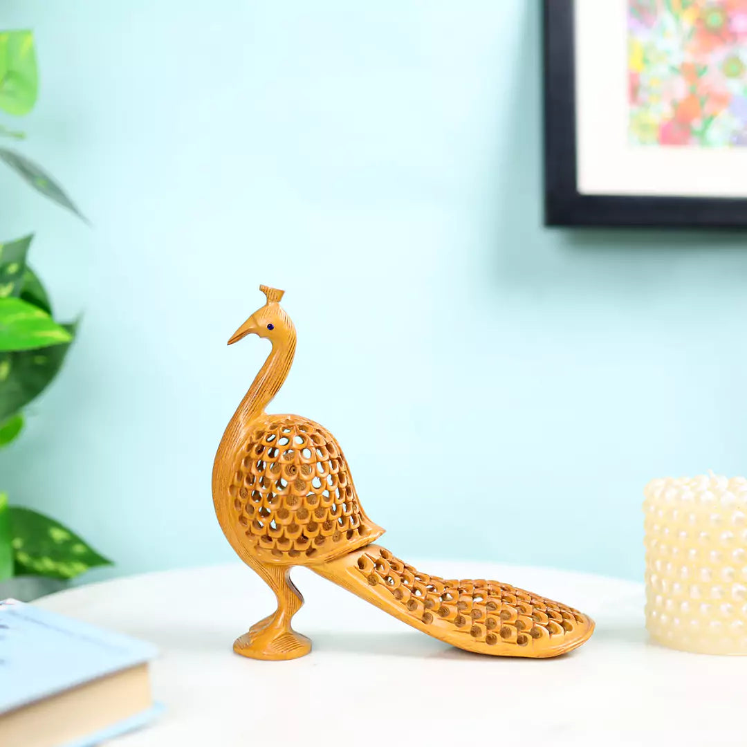 Hand Carved Kadam Wood Long Tailed Undercut Peacock Table Decor