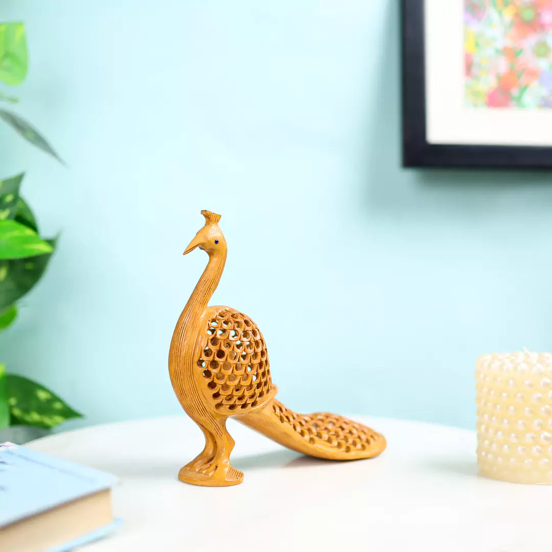 Hand Carved Kadam Wood Long Tailed Undercut Peacock Table Decor
