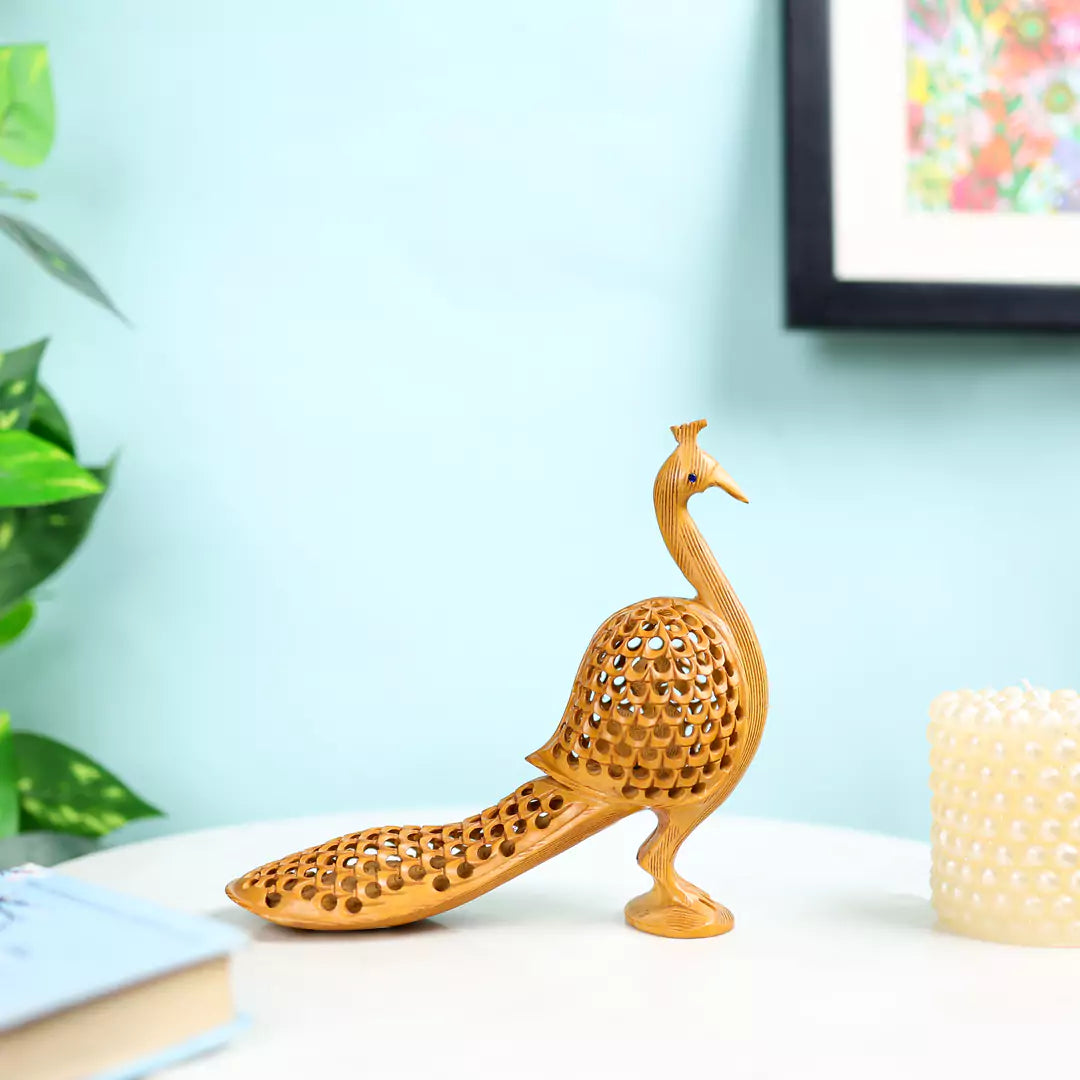 Hand Carved Kadam Wood Long Tailed Undercut Peacock Table Decor