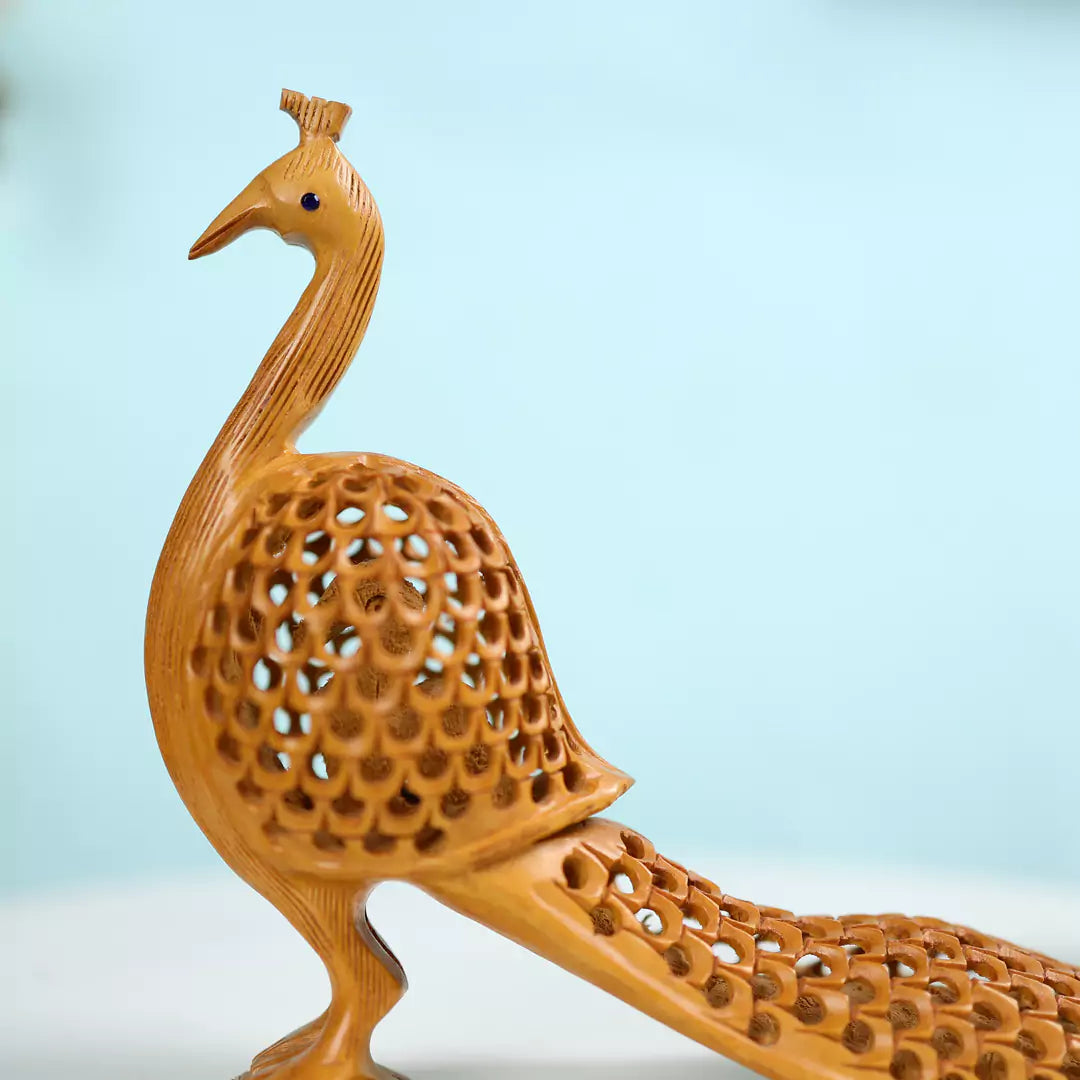 Hand Carved Kadam Wood Long Tailed Undercut Peacock Table Decor