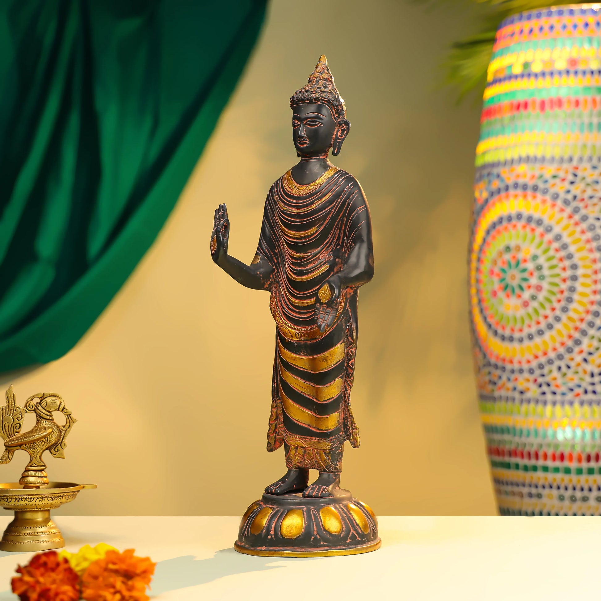 16" Coloured Brass Lord Buddha Standing 1