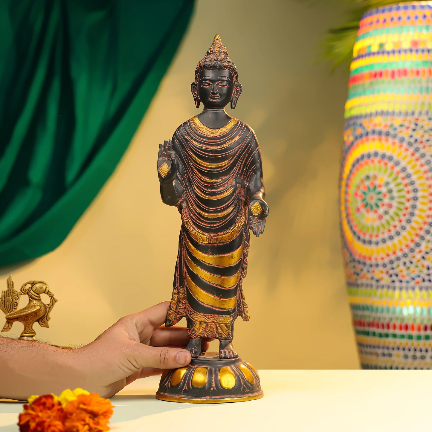 16" Coloured Brass Lord Buddha Standing 6