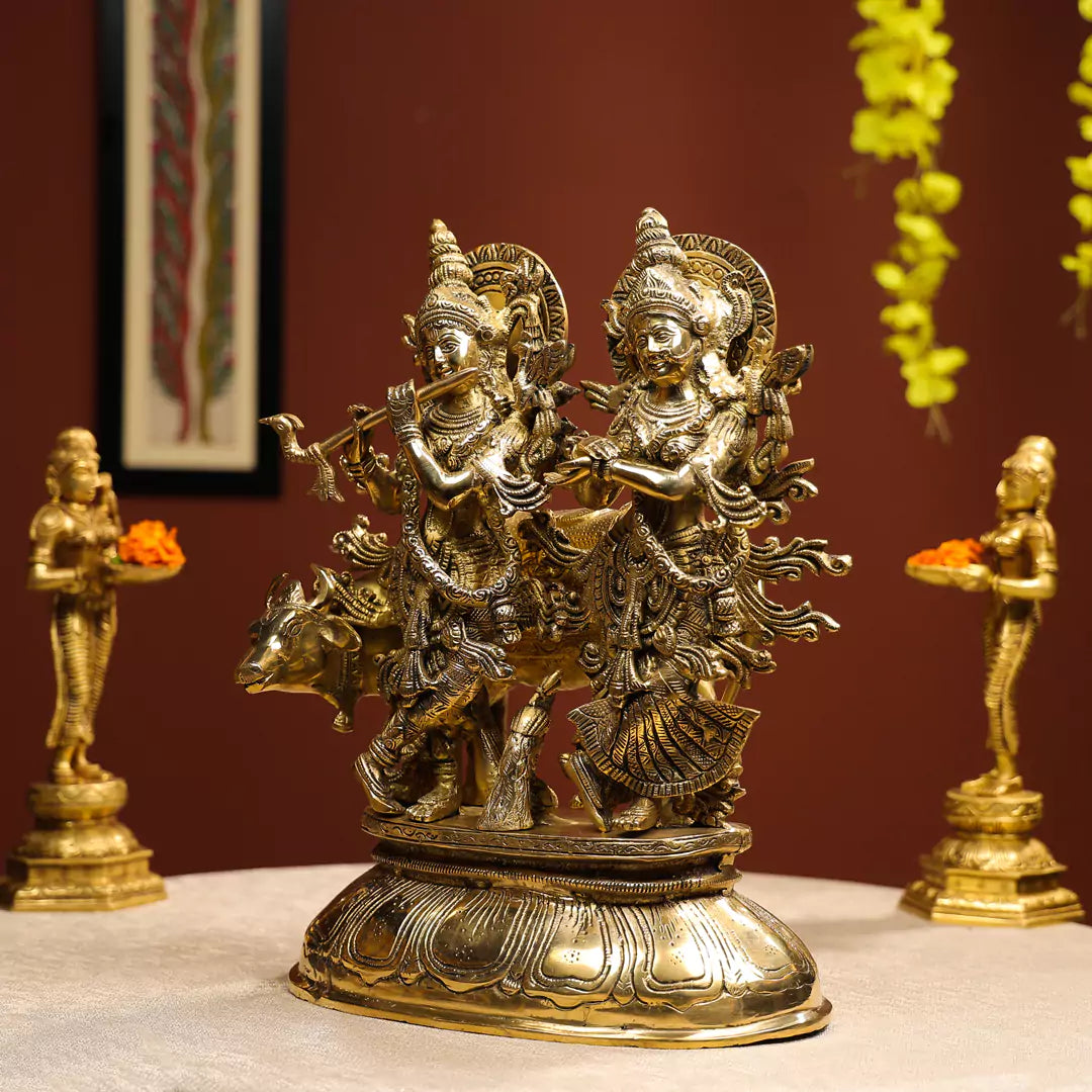 17" Brass Radha Krishna Idol with Peacock & Cow in Background on Lotus Base 1