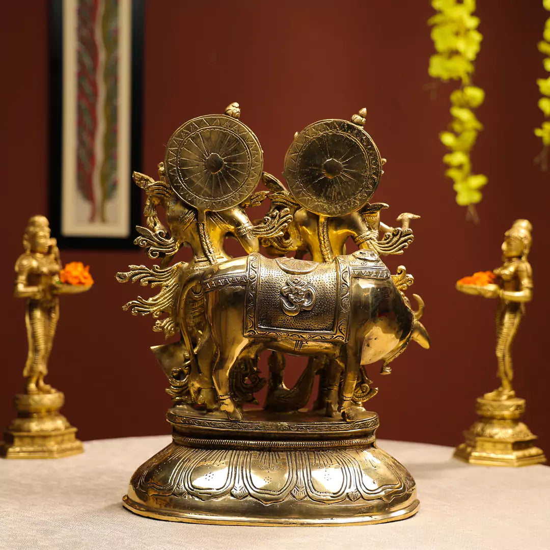 17" Brass Radha Krishna Idol with Peacock & Cow in Background on Lotus Base 2