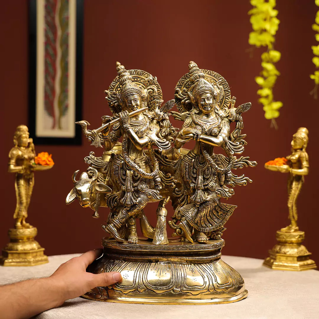 17" Brass Radha Krishna Idol with Peacock & Cow in Background on Lotus Base 3
