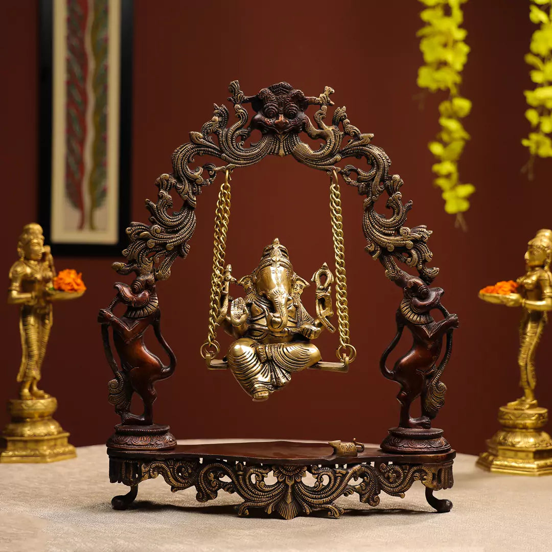18" Coloured Brass Lord Ganesha on Swings Seated Idol Brown Antique Finish