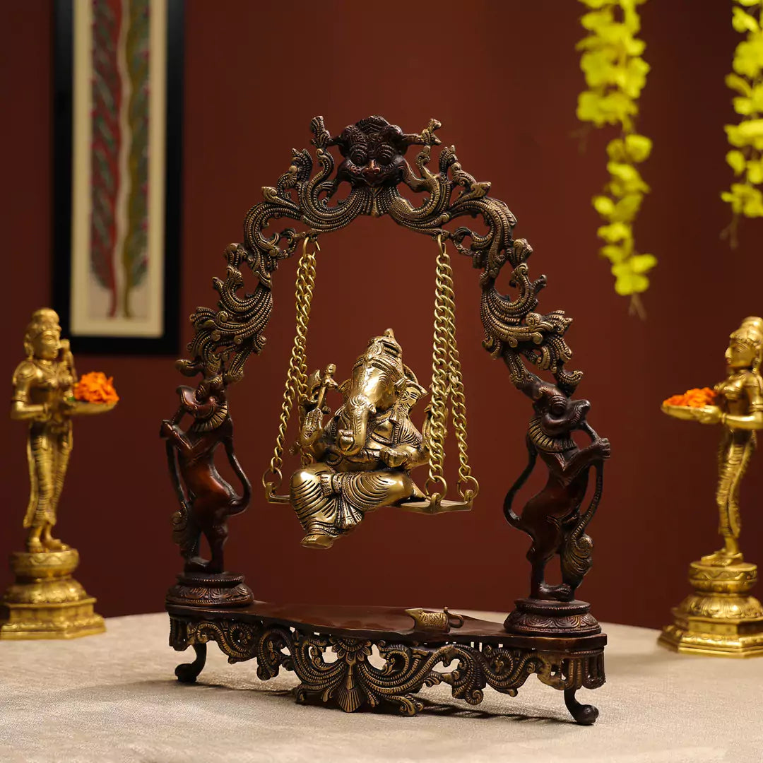 18" Coloured Brass Lord Ganesha on Swings Seated Idol Brown Antique Finish 1