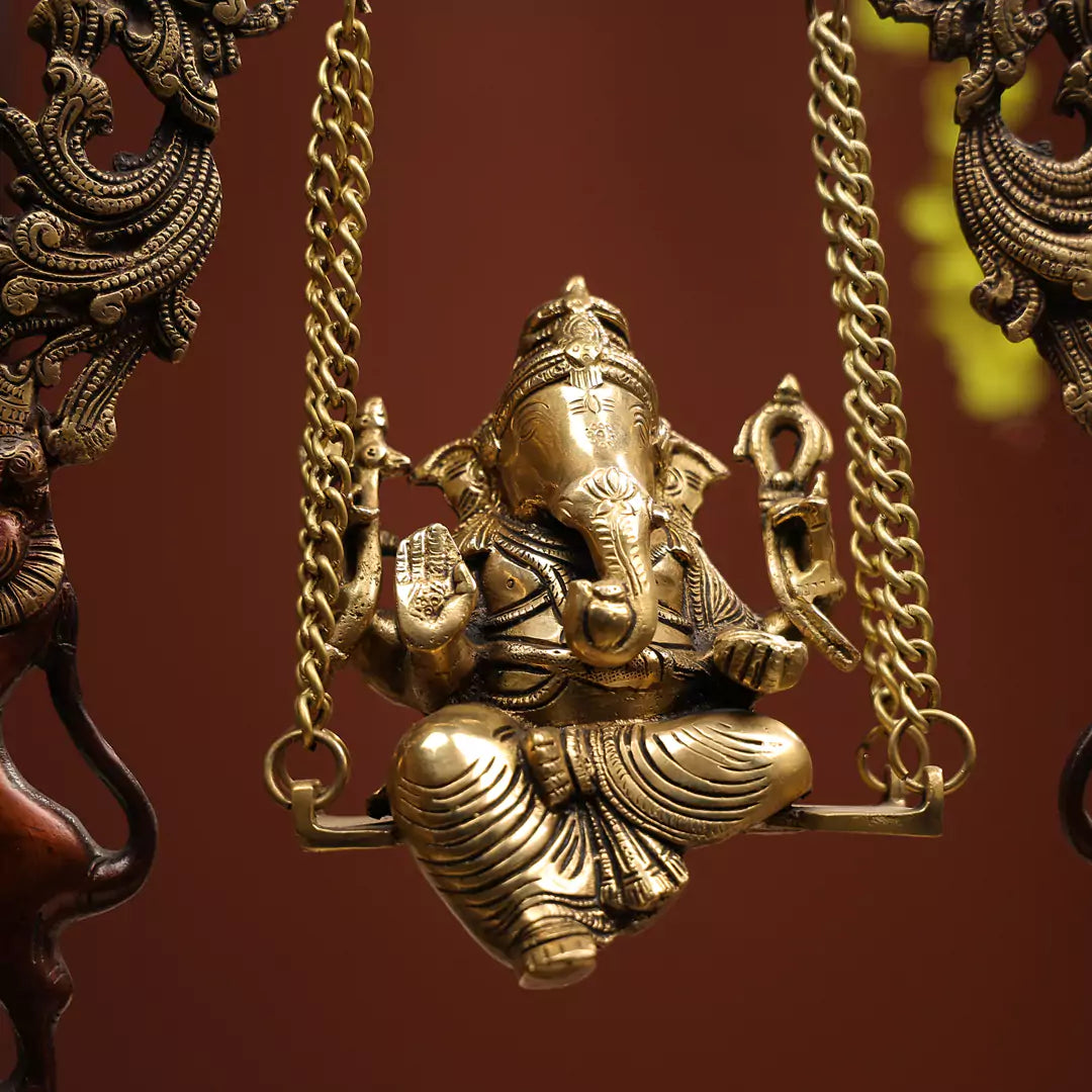18" Coloured Brass Lord Ganesha on Swings Seated Idol Brown Antique Finish 4