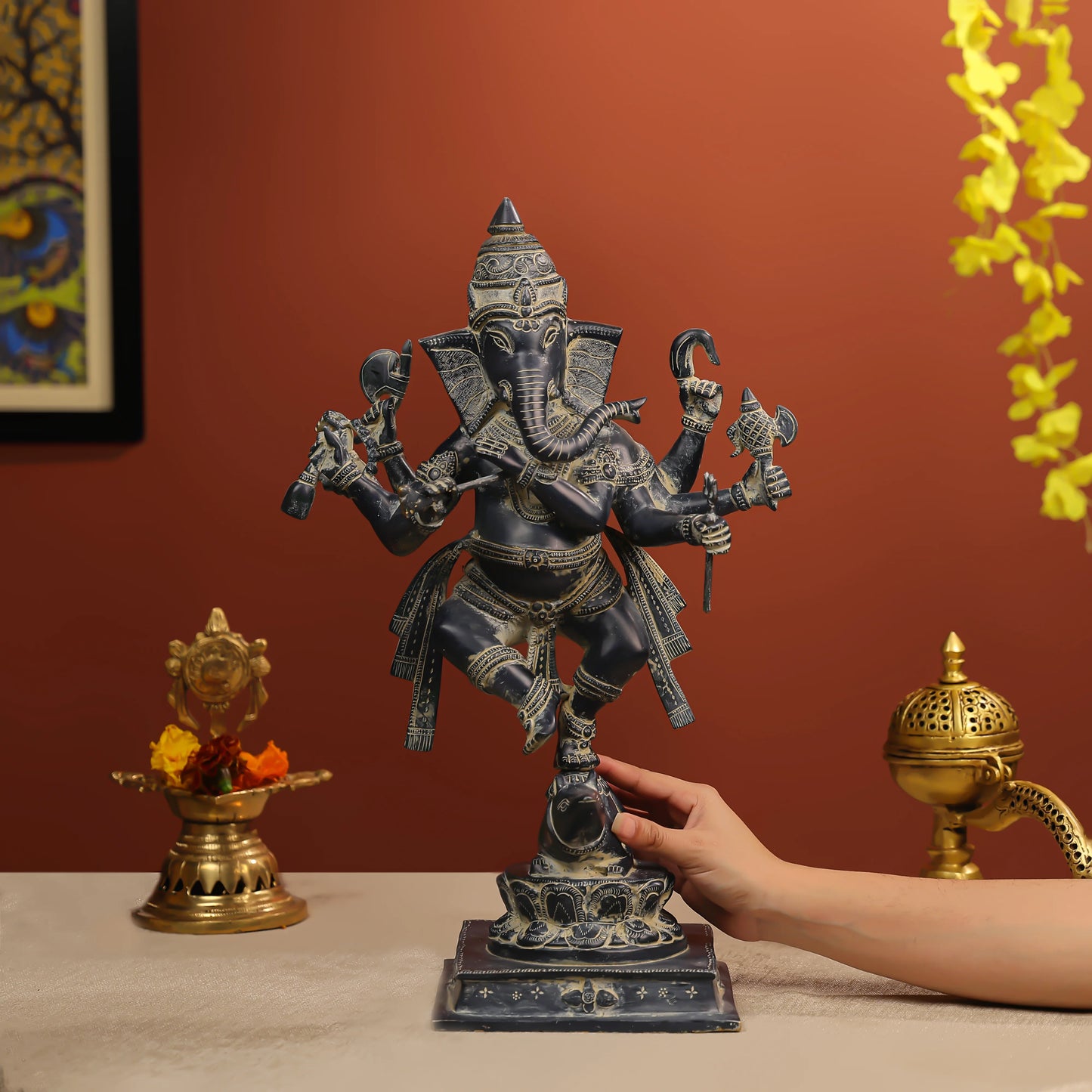 19" Coloured Brass Lord Ganesha Dancing Idol with 8 Hands
