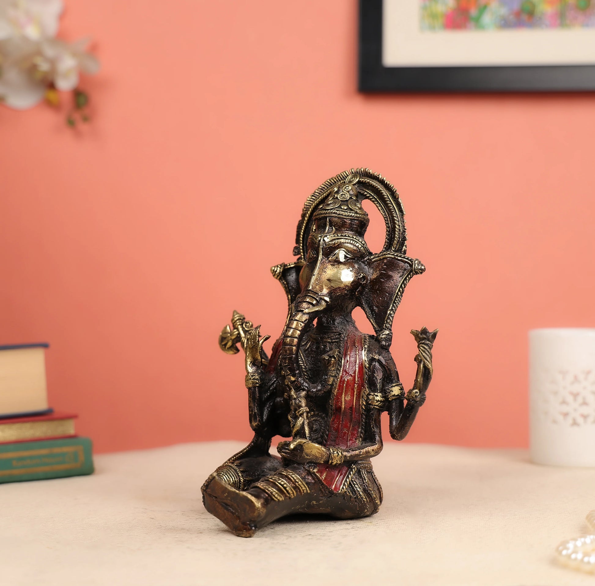 Dhokra Art Tribal Coloured Lord Ganesha Seated In A Resting Posture