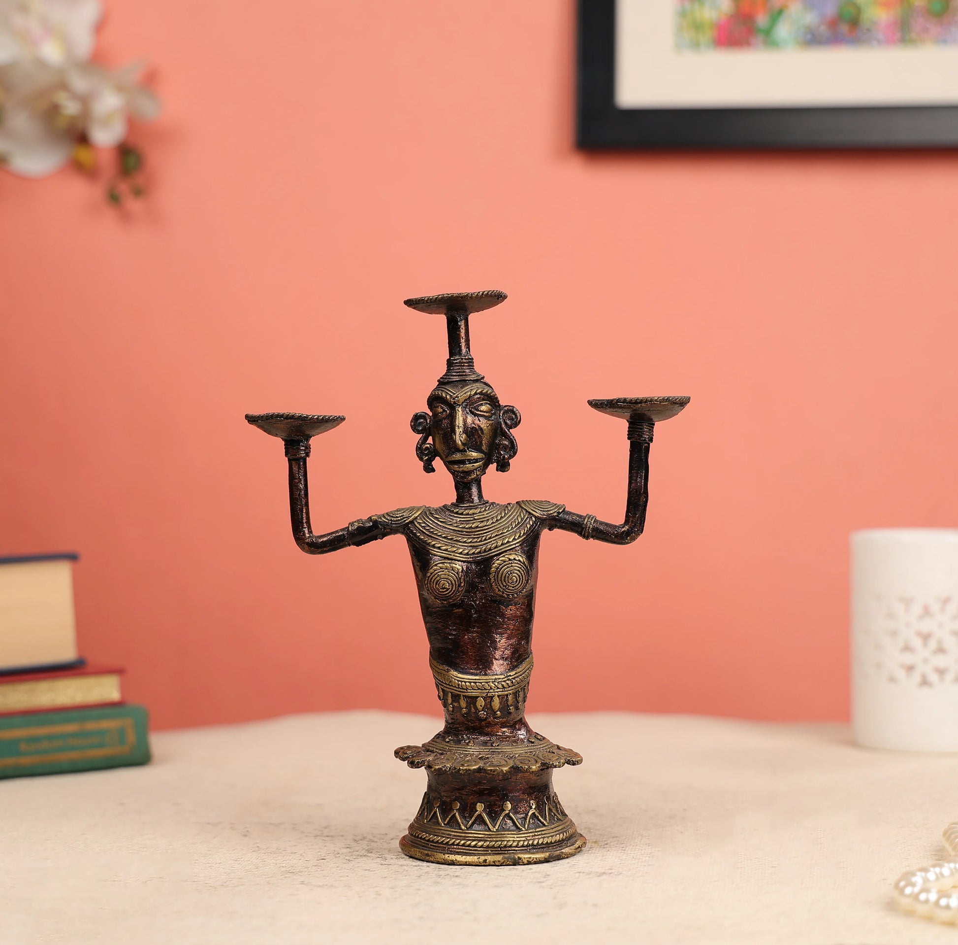 Dhokra Art Coloured Tribal Woman Bust Candle Holder