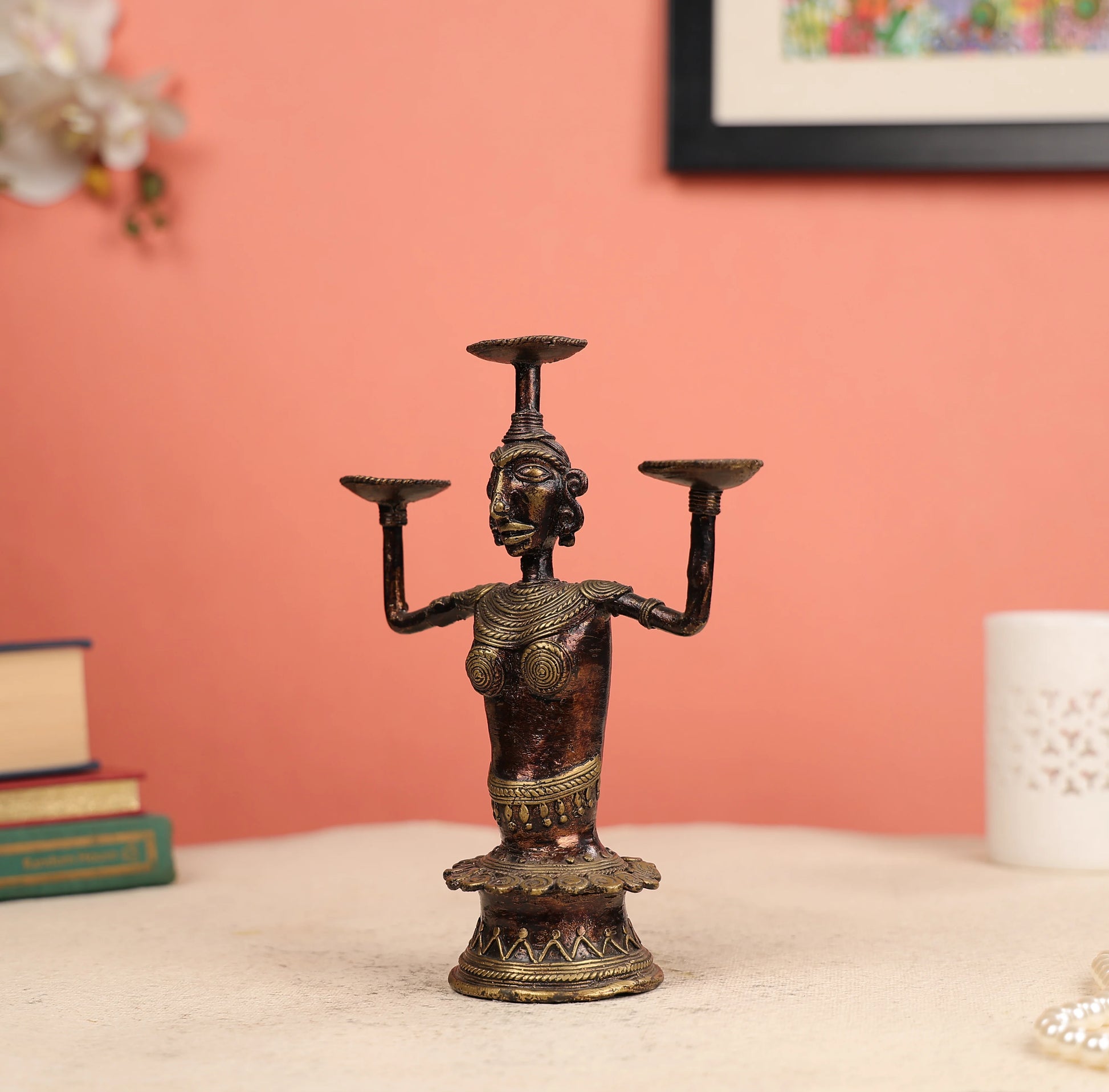 Dhokra Art Coloured Tribal Woman Bust Candle Holder