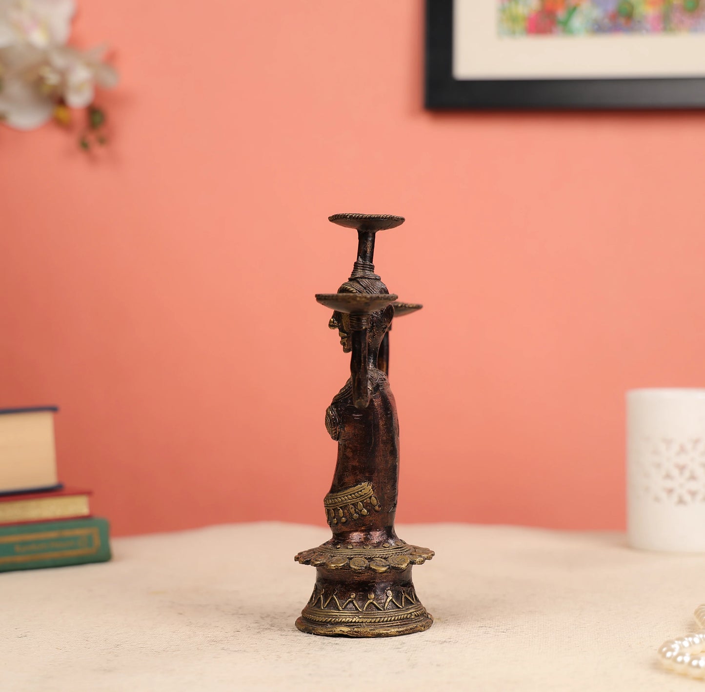 Dhokra Art Coloured Tribal Woman Bust Candle Holder