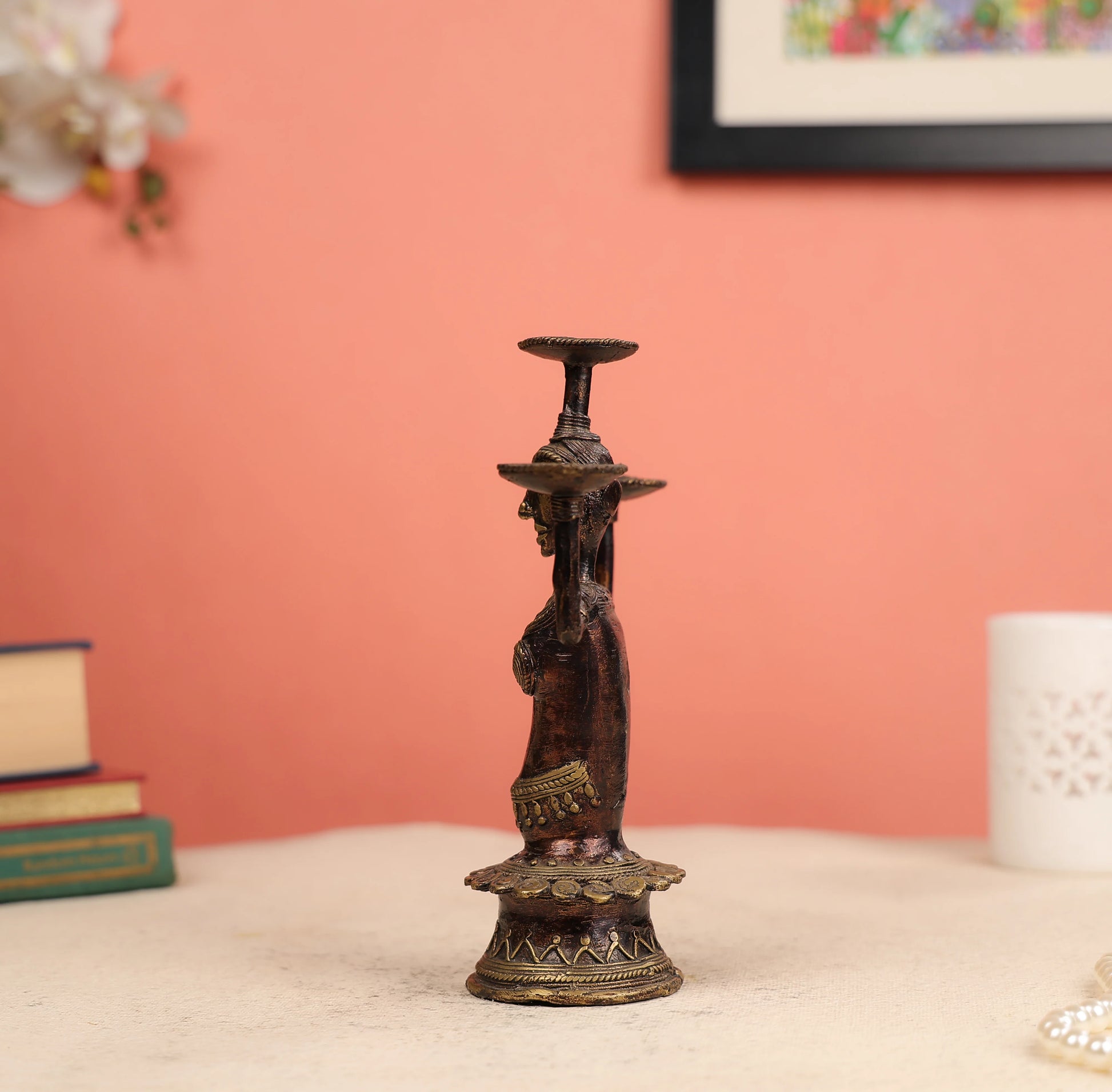 Dhokra Art Coloured Tribal Woman Bust Candle Holder