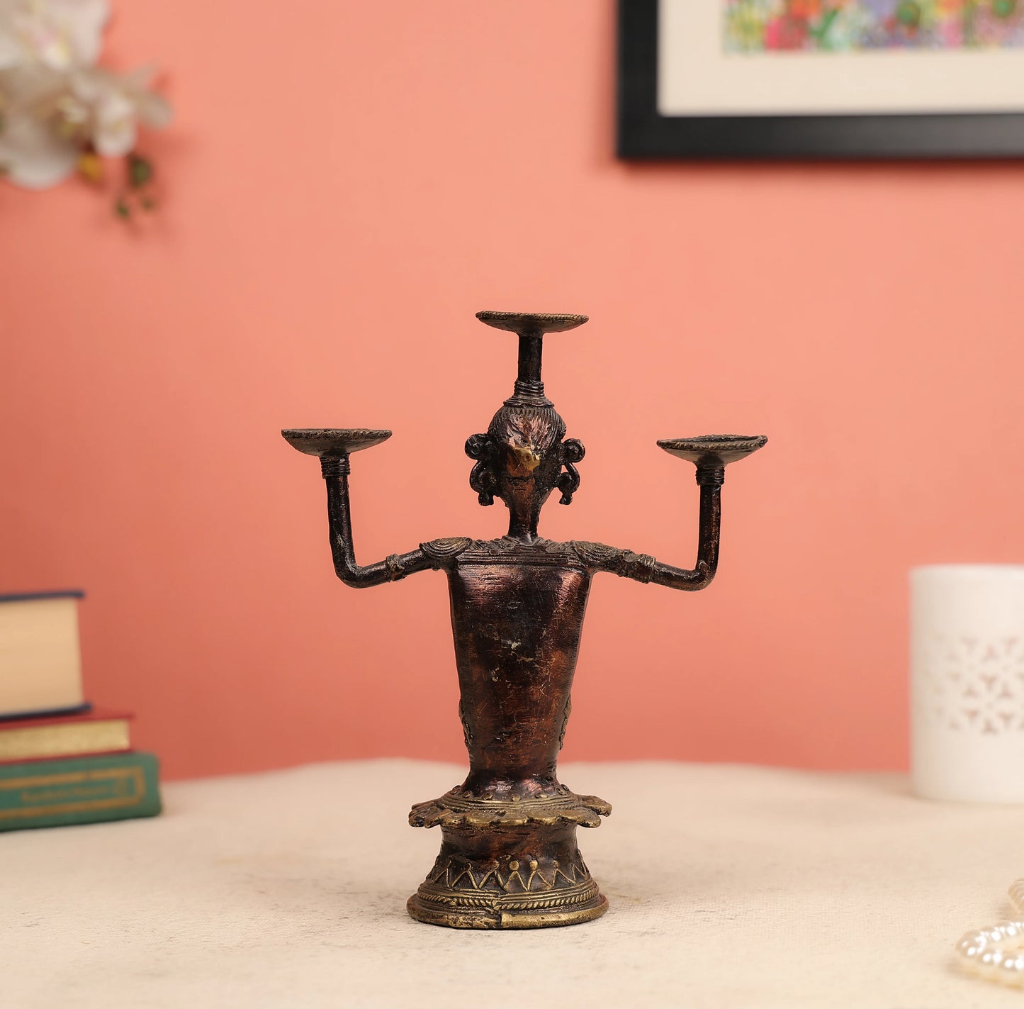 Dhokra Art Coloured Tribal Woman Bust Candle Holder