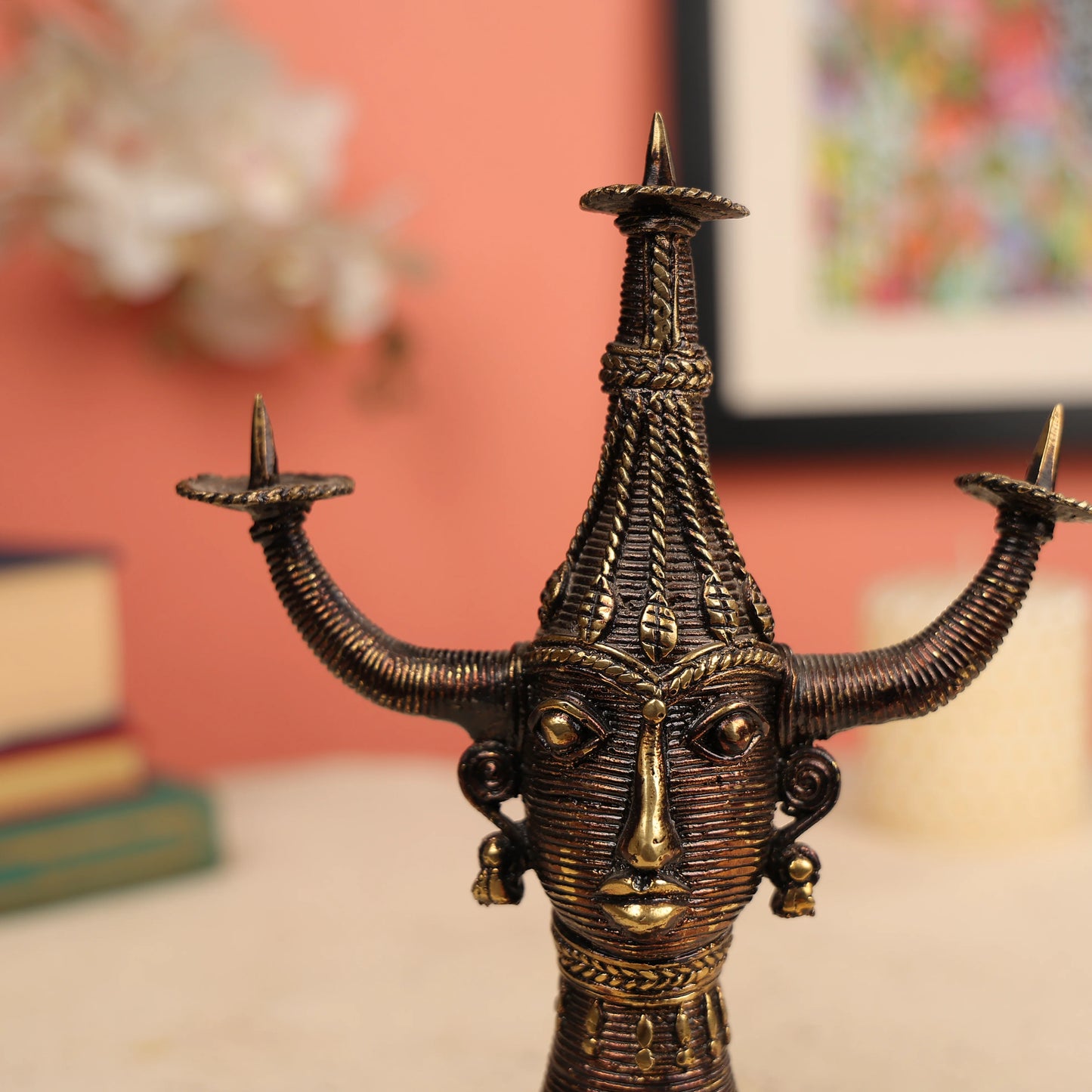 Dhokra Art Coloured Tribal Woman Head Candle Holder