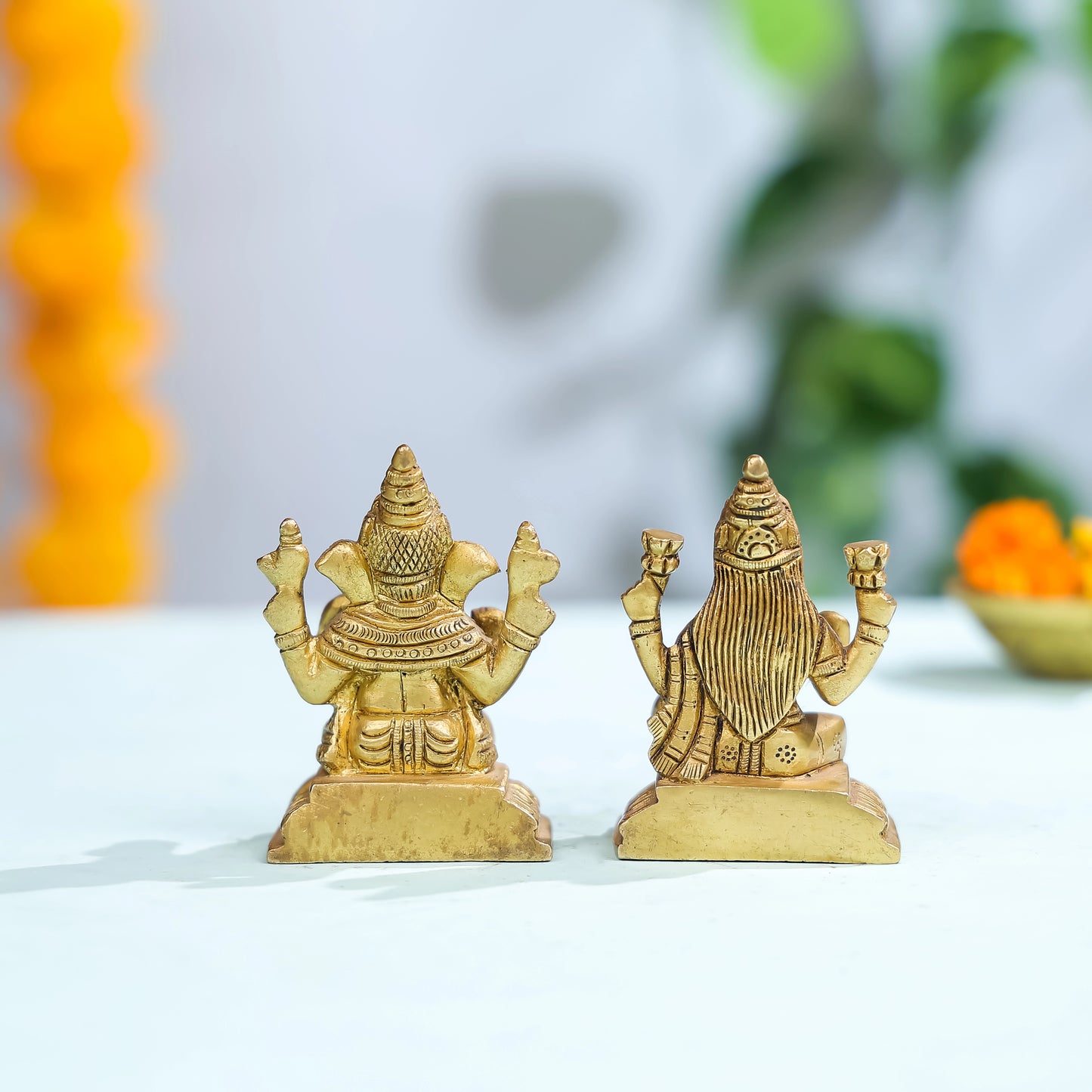 3.5" Brass Superfine Lord Ganesha & Laxmi Idol Pair Seated On Pedestal