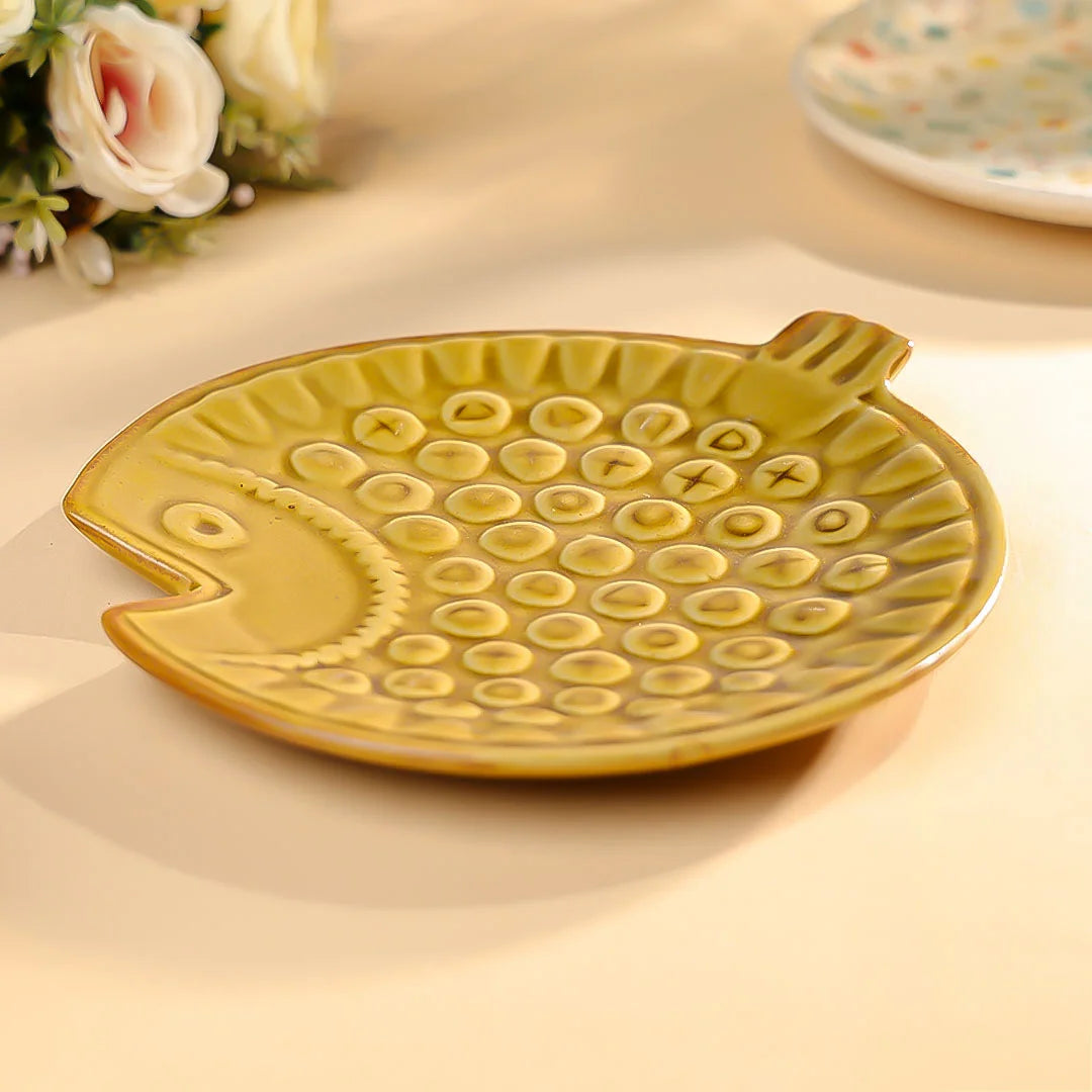 8" Studio Pottery Embossed Fish Shaped Plate