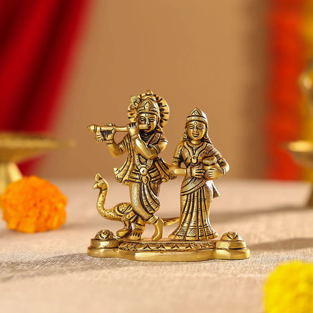 Brass Superfine Radha Krishna Idol On Pedestal With Peacock Idol