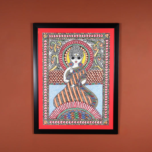 Madubani Hand-Painted Art Of Buddha Sitting On A Lotus