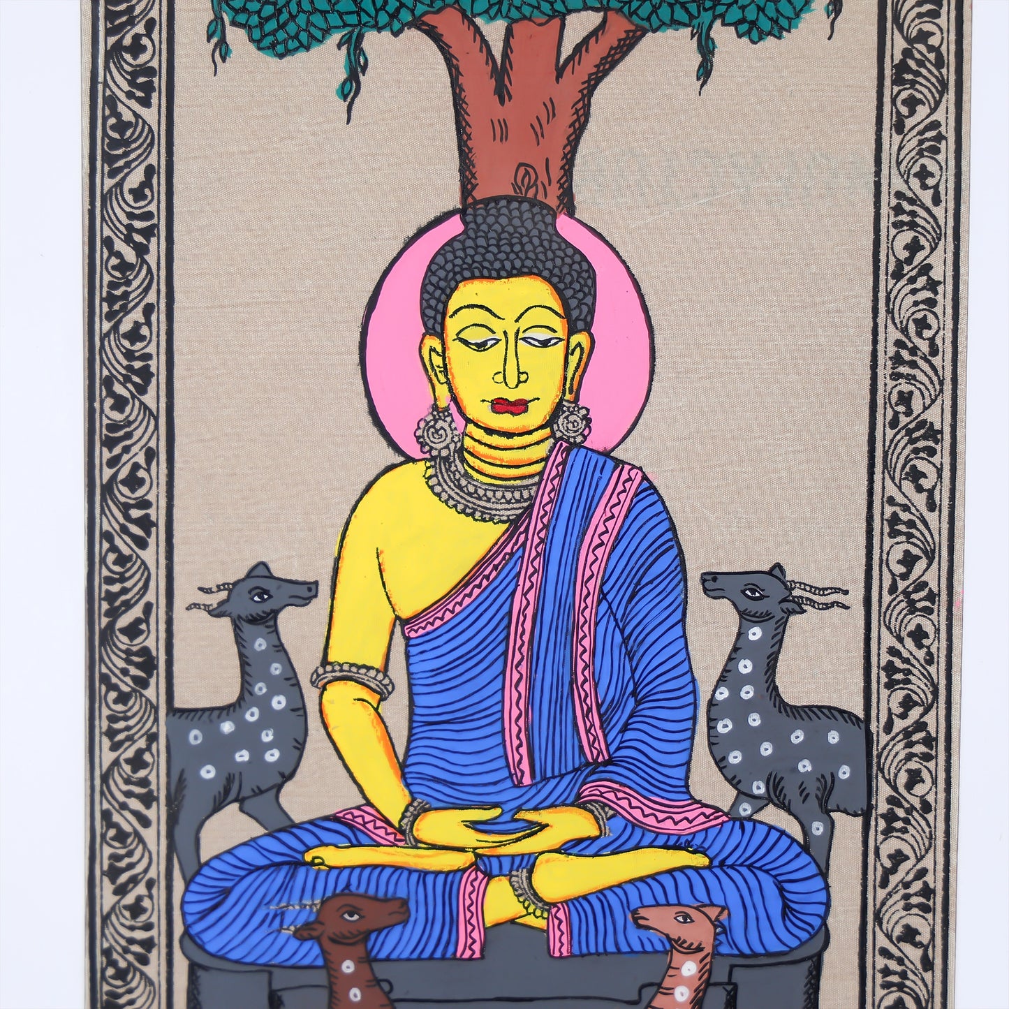 Pattachitra Hand Painted on Silk Wall Art of Lord Buddha Seated Under Bodhi Tree