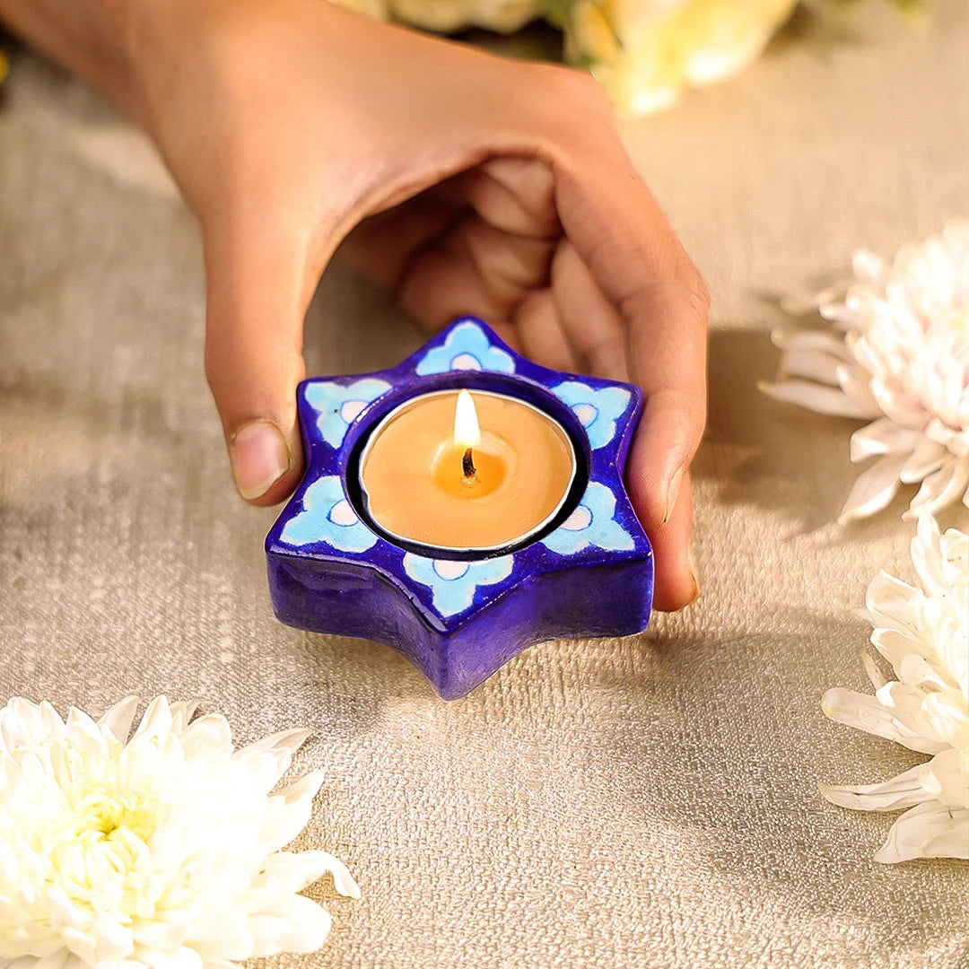 Blue Pottery Star Shaped T-Light Candle Holder Set of 2