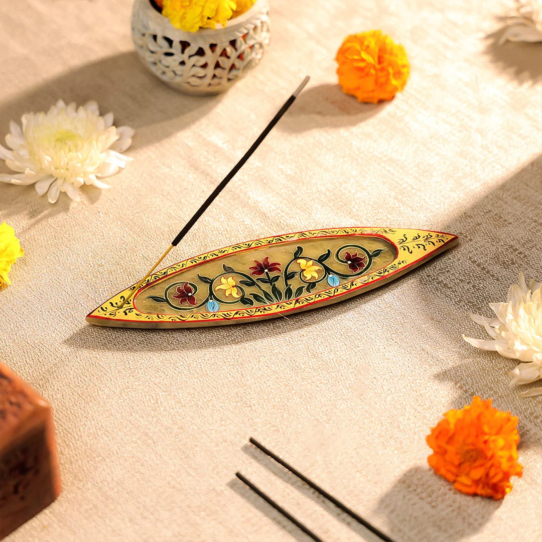 8" Hand Painted Stone Crafted Boat Shaped Incense Holder Plate