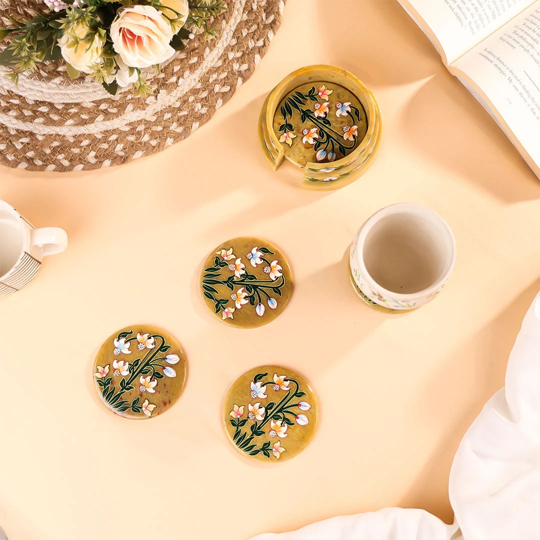 3" Hand Painted Stone Crafted with Stepped Stand Floral Coasters Set of 6