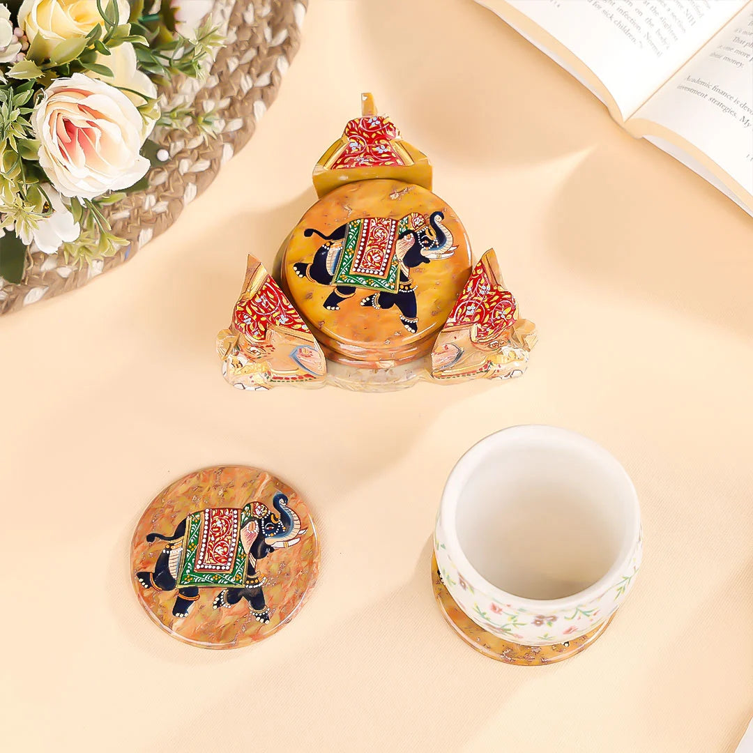 3" Hand Painted Stone Crafted with Triangular Stand Elephant Coasters Set of 6